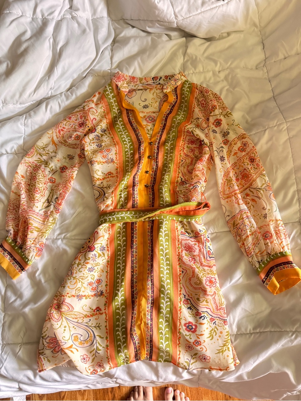 Zara Cream Tunic Dress with Yellow & Green Paisley Stripes